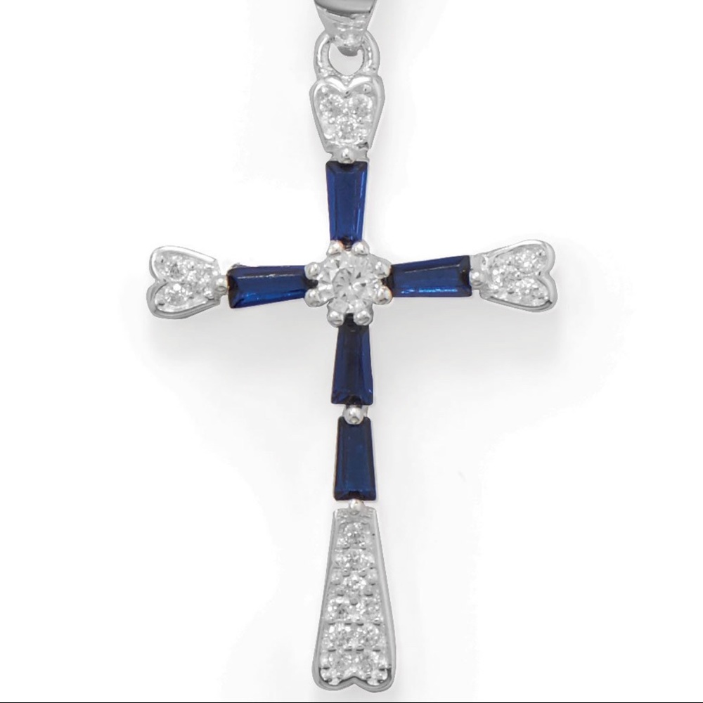 Rhodium Plates Blue CZ Cross Pendant